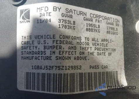 2005 Saturn Ion 2 z USA, uszkodzony, nr VIN 1G8AJ52F75Z129852